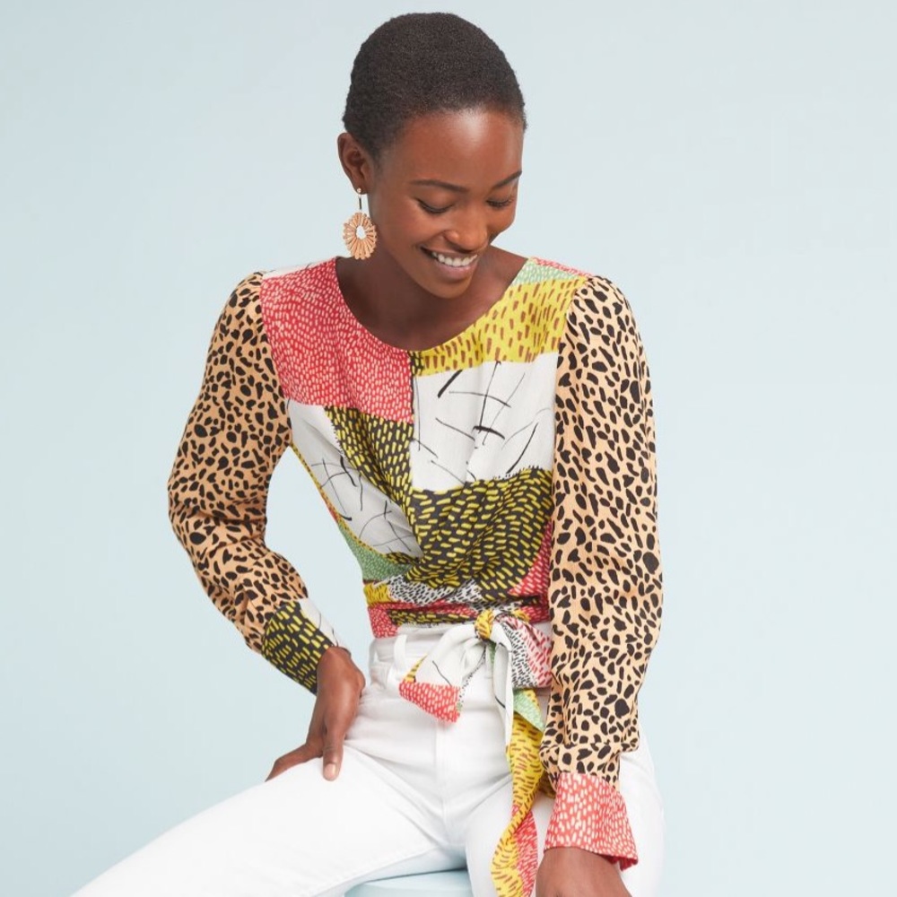 Anthropologie Leopard Patchwork Cropped Blouse